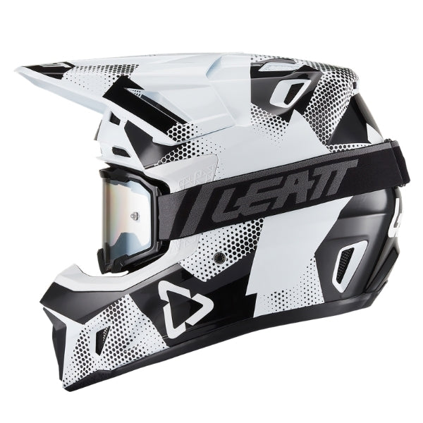 Leatt Moto 7.5 motocross helmet kit in Camo Black/White, left-side profile showing the shell graphics with included goggles