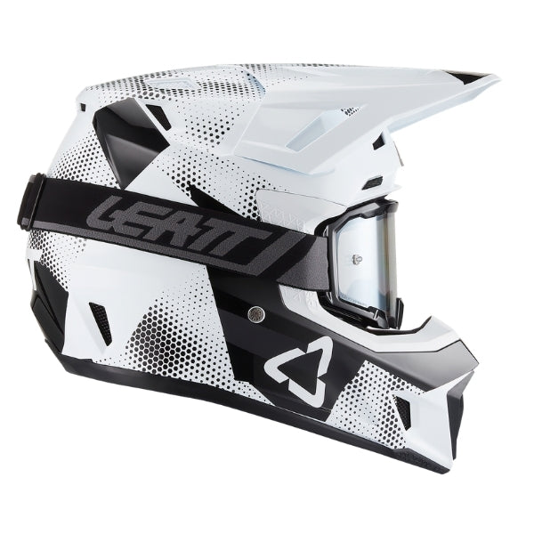 Leatt Moto 7.5 motocross helmet kit in Camo Black/White, right-side profile showing the peak and chin guard with included goggles