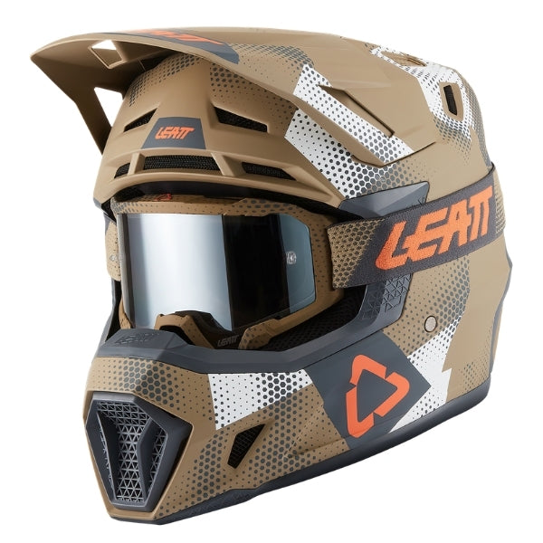 Leatt Moto 7.5 motocross helmet kit in Camo Khaki Brown, front-left angle showing the peak and chin guard with included goggles