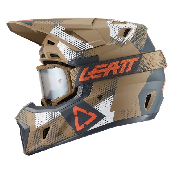 Leatt Moto 7.5 motocross helmet kit in Camo Khaki Brown, left-side profile showing the shell graphics with included goggles