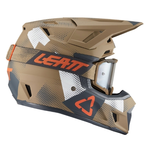 Leatt Moto 7.5 motocross helmet kit in Camo Khaki Brown, right-side profile showing the peak and chin guard with included goggles