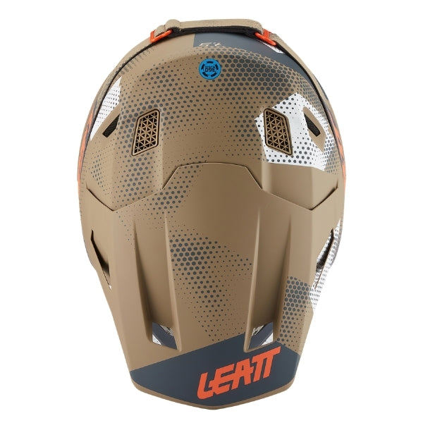 Leatt Moto 7.5 motocross helmet kit in Camo Khaki Brown, top view showing the peak, vents, and shell graphics