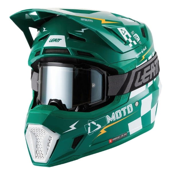 Leatt Moto 7.5 motocross helmet kit in Jade Green, front-left angle showing the peak and chin guard with included goggles