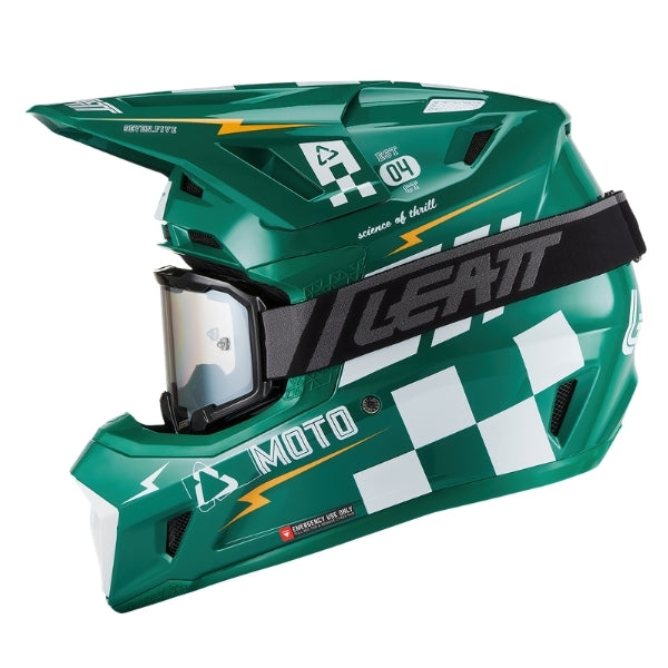 Leatt Moto 7.5 motocross helmet kit in Jade Green, left-side profile showing the shell graphics with included goggles