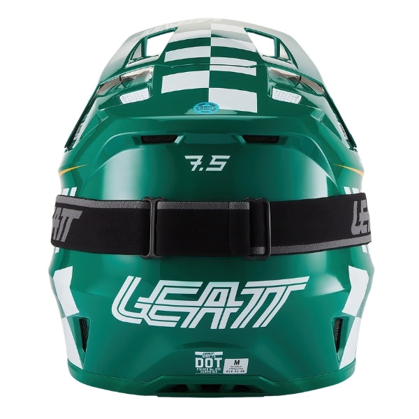 Leatt Moto 7.5 motocross helmet kit in Jade Green, rear view showing the shell vents and goggle strap