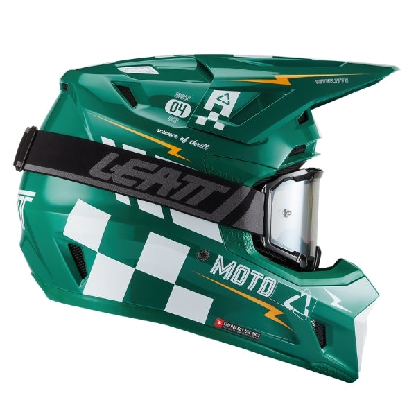 Leatt Moto 7.5 motocross helmet kit in Jade Green, right-side profile showing the peak and chin guard with included goggles