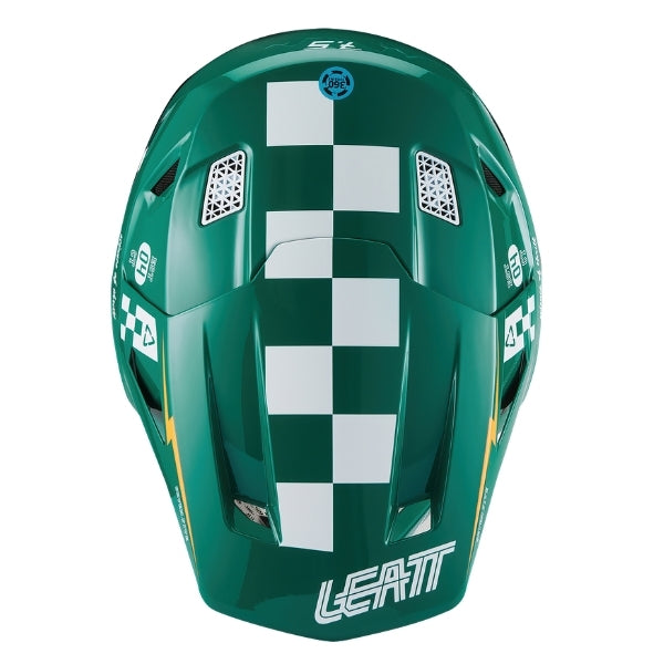 Leatt Moto 7.5 motocross helmet kit in Jade Green, top view showing the peak, vents, and shell graphics