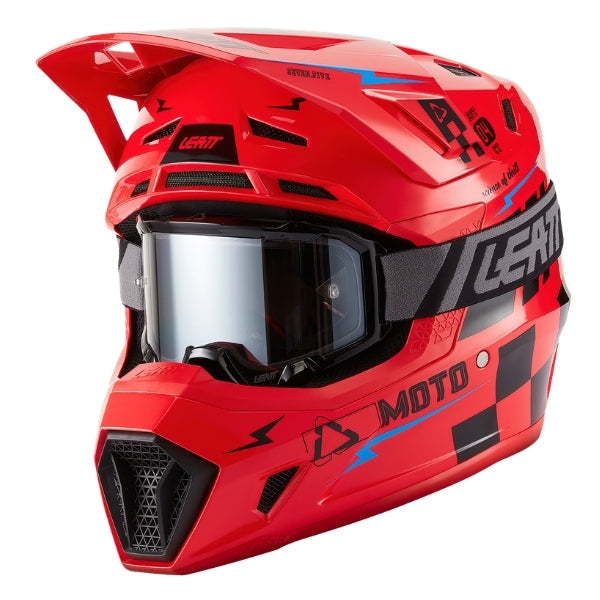 Leatt Moto 7.5 motocross helmet kit in Red, front-left angle showing the peak and chin guard with included goggles