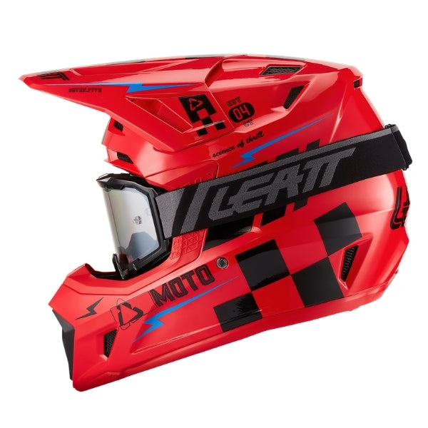 Leatt Moto 7.5 motocross helmet kit in Red, left-side profile showing the shell graphics with included goggles