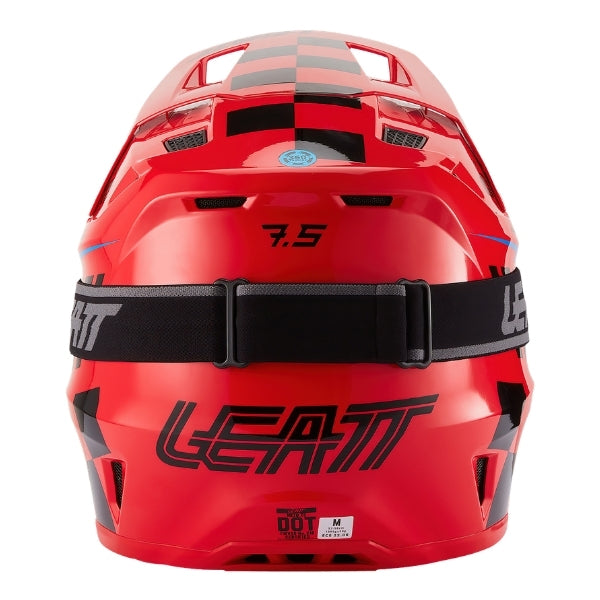 Leatt Moto 7.5 motocross helmet kit in Red, rear view showing the shell vents and goggle strap
