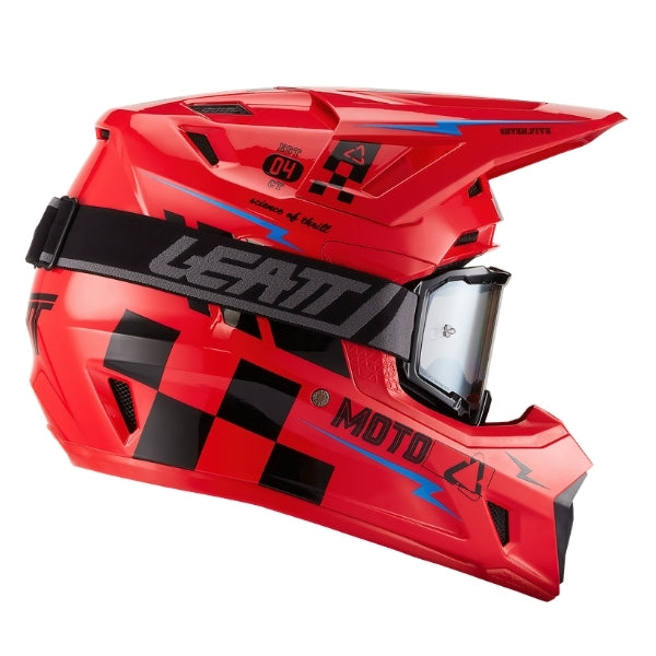 Leatt Moto 7.5 motocross helmet kit in Red, right-side profile showing the peak and chin guard with included goggles