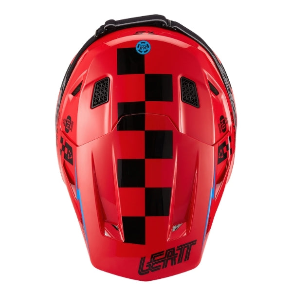 Leatt Moto 7.5 motocross helmet kit in Red, top view showing the peak, vents, and shell graphics