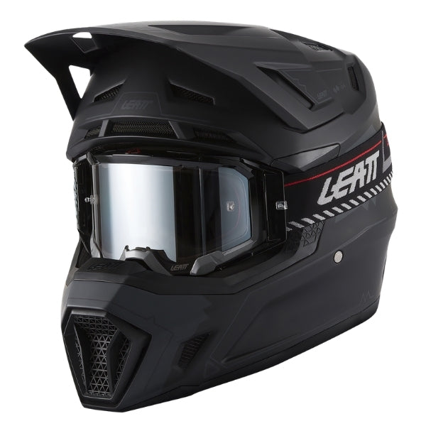 Leatt Moto 7.5 motocross helmet kit in Stealth Black, front-left angle showing the peak and chin guard with included goggles