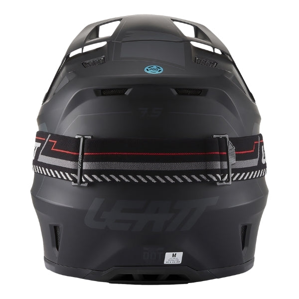 Leatt Moto 7.5 motocross helmet kit in Stealth Black, rear view showing the shell vents and goggle strap