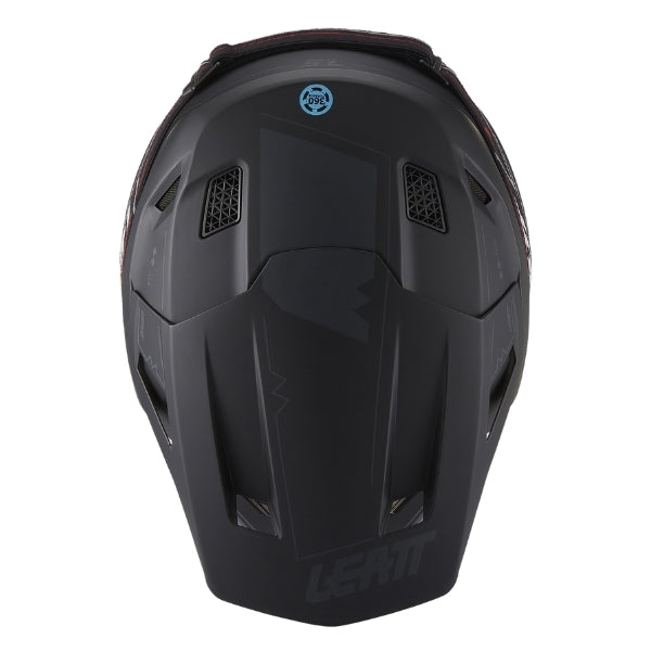 Leatt Moto 7.5 motocross helmet kit in Stealth Black, top view showing the peak, vents, and shell graphics