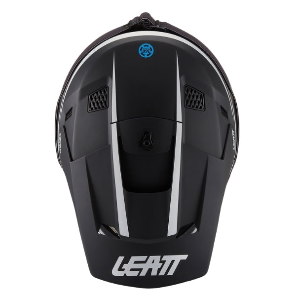 Leatt Moto 3.5 motocross helmet kit in Black, top view showing the peak, vents, and shell graphics