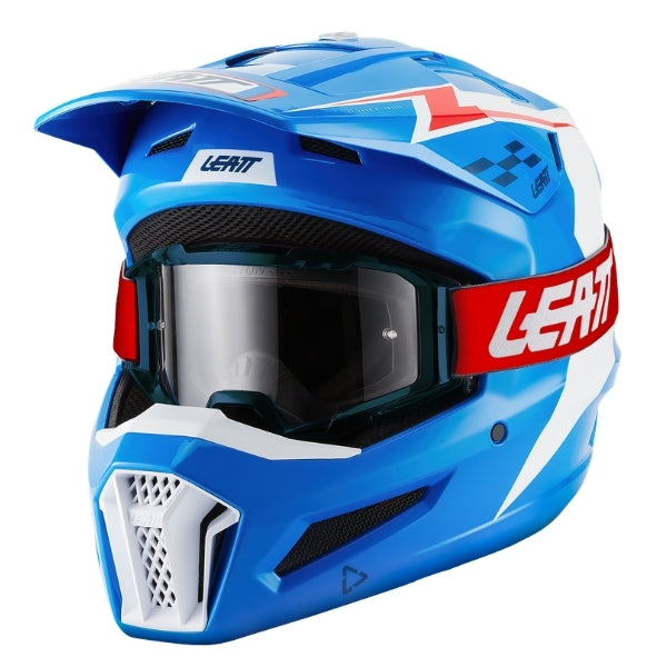 Leatt Moto 3.5 motocross helmet kit in Blue, front-left angle showing the peak and chin guard with included goggles