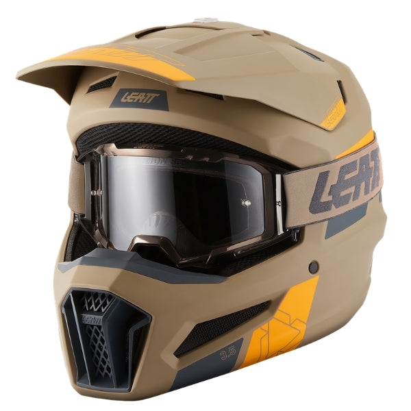 Leatt Moto 3.5 motocross helmet kit in Khaki Brown, front-left angle showing the peak and chin guard with included goggles