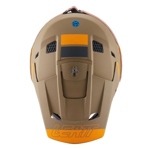 Leatt Moto 3.5 motocross helmet kit in Khaki Brown, top view showing the peak, vents, and shell graphics