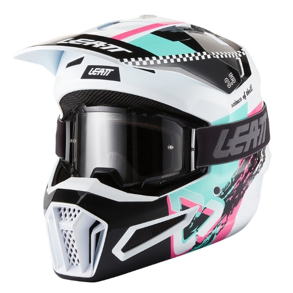Leatt Moto 3.5 motocross helmet kit in Pink, front-left angle showing the peak and chin guard with included goggles