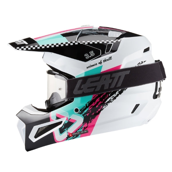 Leatt Moto 3.5 motocross helmet kit in Pink, left-side profile showing the shell graphics with included goggles
