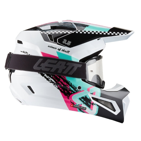 Leatt Moto 3.5 motocross helmet kit in Pink, right-side profile showing the peak and chin guard with included goggles