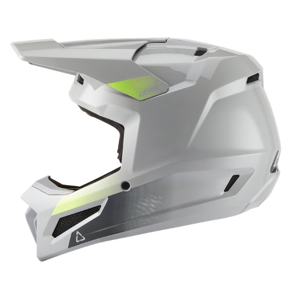 Leatt Moto 2.5 motocross helmet in Grey, left-side profile showing the shell graphics