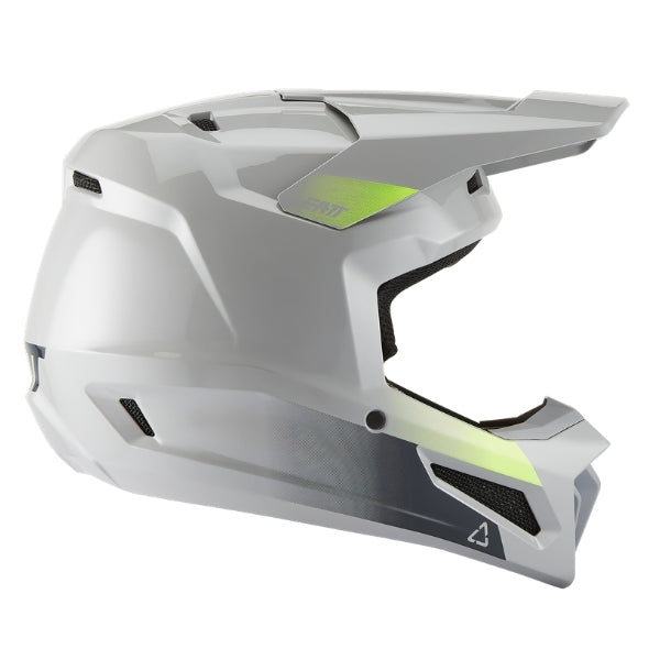 Leatt Moto 2.5 motocross helmet in Grey, right-side profile showing the peak and chin guard