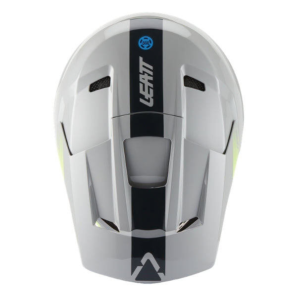 Leatt Moto 2.5 motocross helmet in Grey, top view showing the peak, vents, and shell graphics