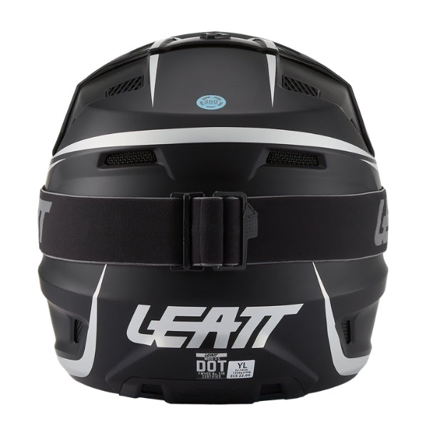 Leatt Moto 3.5 Youth motocross helmet kit in Black, rear view showing the shell vents and goggle strap