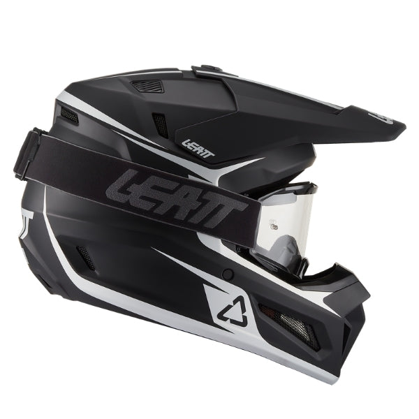 Leatt Moto 3.5 Youth motocross helmet kit in Black, right-side profile showing the peak, chin guard, and included goggles
