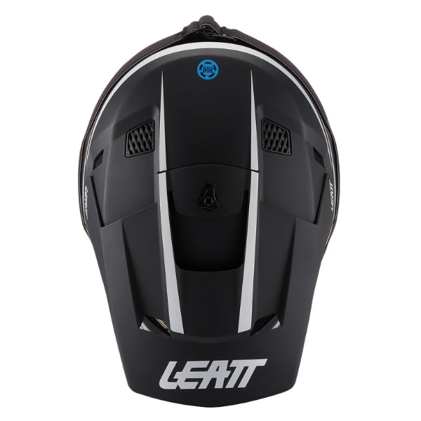 Leatt Moto 3.5 Youth motocross helmet kit in Black, top view showing the peak, vents, and shell graphics