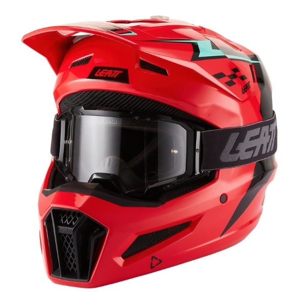 Leatt Moto 3.5 Youth motocross helmet kit in Red, front-left angle showing the peak, chin guard, and included goggles