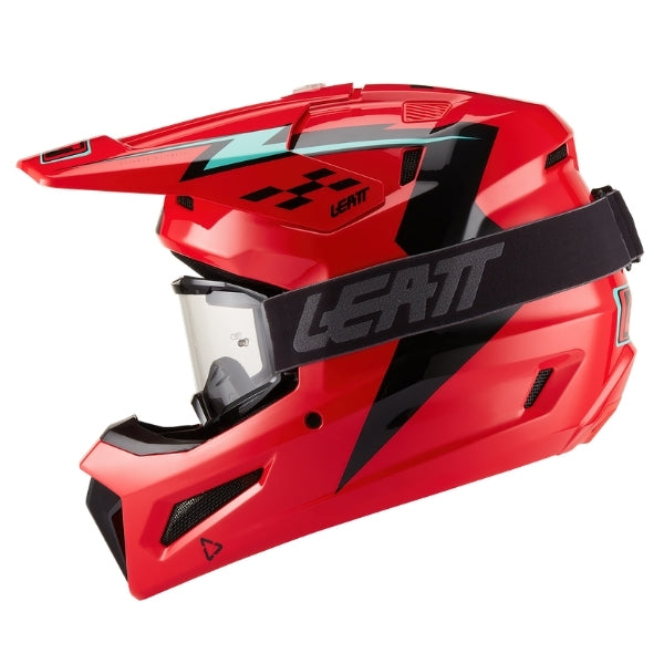 Leatt Moto 3.5 Youth motocross helmet kit in Red, left-side profile showing the shell graphics and included goggles