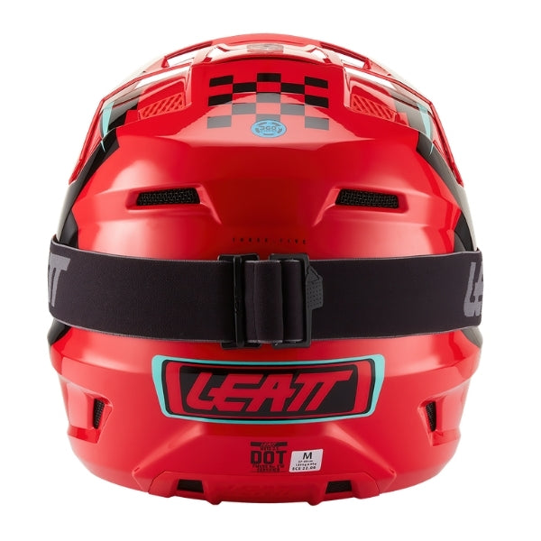 Leatt Moto 3.5 Youth motocross helmet kit in Red, rear view showing the shell vents and goggle strap