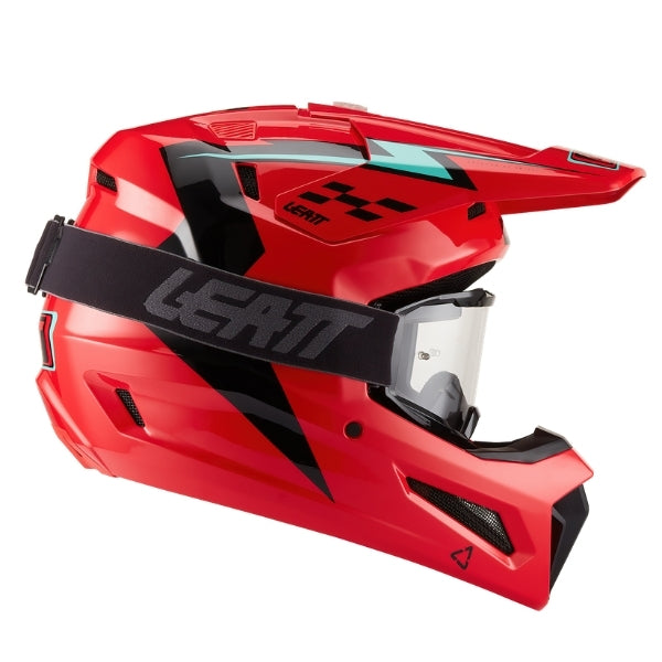 Leatt Moto 3.5 Youth motocross helmet kit in Red, right-side profile showing the peak, chin guard, and included goggles
