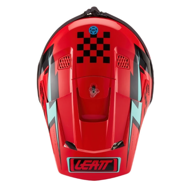 Leatt Moto 3.5 Youth motocross helmet kit in Red, top view showing the peak, vents, and shell graphics
