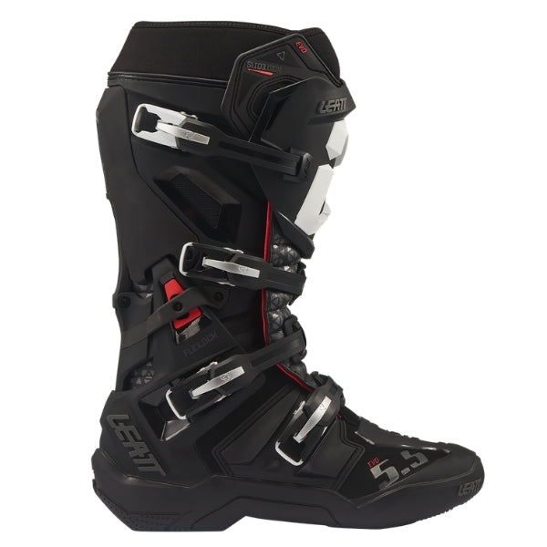 Leatt Moto 5.5 FlexLock Evo boots in Black, outer-side profile showing the buckles, shin plate, and toe area
