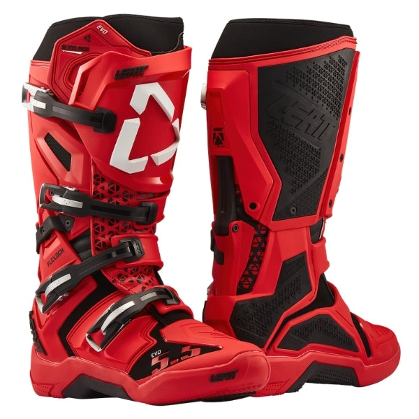 Leatt Moto 5.5 FlexLock Evo boots in Red, pair showing the outer and inner side construction