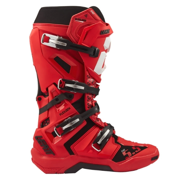 Leatt Moto 5.5 FlexLock Evo boots in Red, outer-side profile showing the buckles, shin plate, and toe area