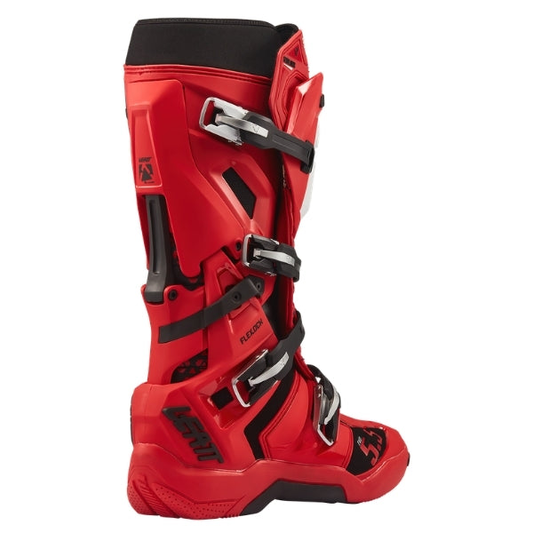 Leatt Moto 5.5 FlexLock Evo boots in Red, opposite-side profile showing the buckle system and ankle panels