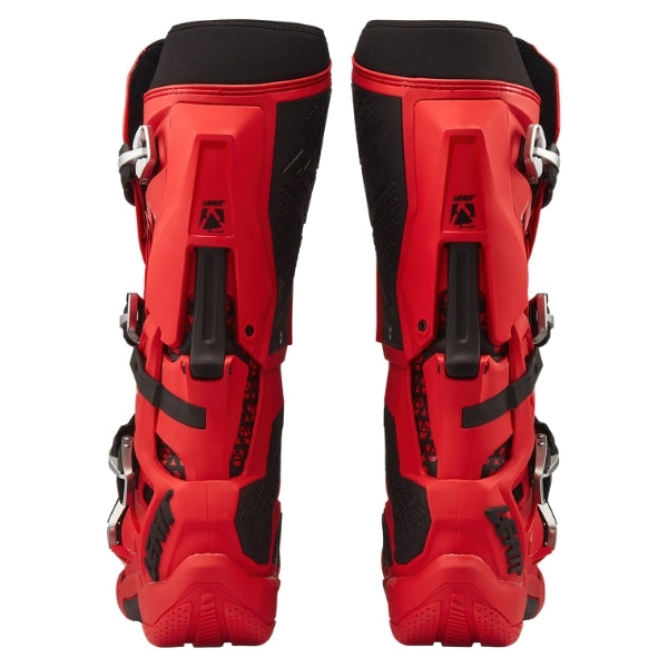 Leatt Moto 5.5 FlexLock Evo boots in Red, rear view showing the calf guards and heel protection