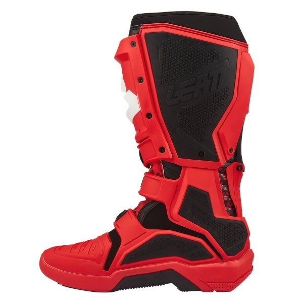 Leatt Moto 5.5 FlexLock Evo boots in Red, inner-side profile showing the protective heat-shield panel