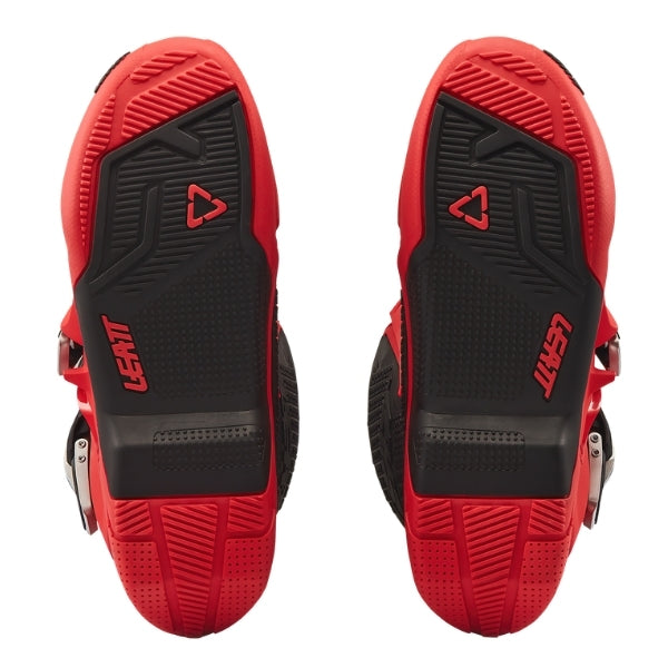 Leatt Moto 5.5 FlexLock Evo boots in Red, bottom view showing the tread pattern on both soles
