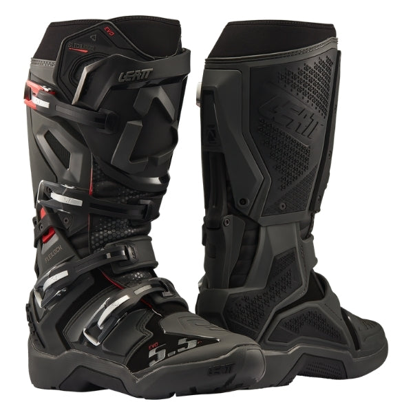 Leatt Moto 5.5 FlexLock Enduro Evo boots in Graphene Black, pair showing the outer and inner side construction