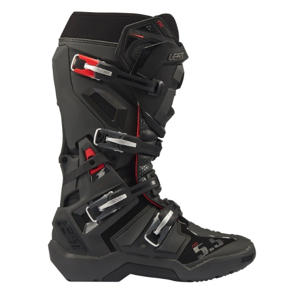 Leatt Moto 5.5 FlexLock Enduro Evo boots in Graphene Black, outer-side profile showing the buckles, shin plate, and toe area