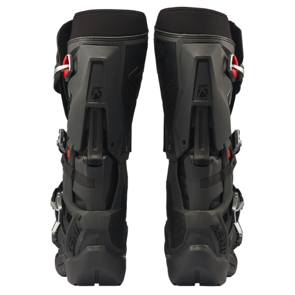 Leatt Moto 5.5 FlexLock Enduro Evo boots in Graphene Black, rear view showing the calf guards and heel protection