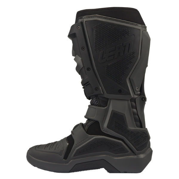 Leatt Moto 5.5 FlexLock Enduro Evo boots in Graphene Black, inner-side profile showing the protective heat-shield panel