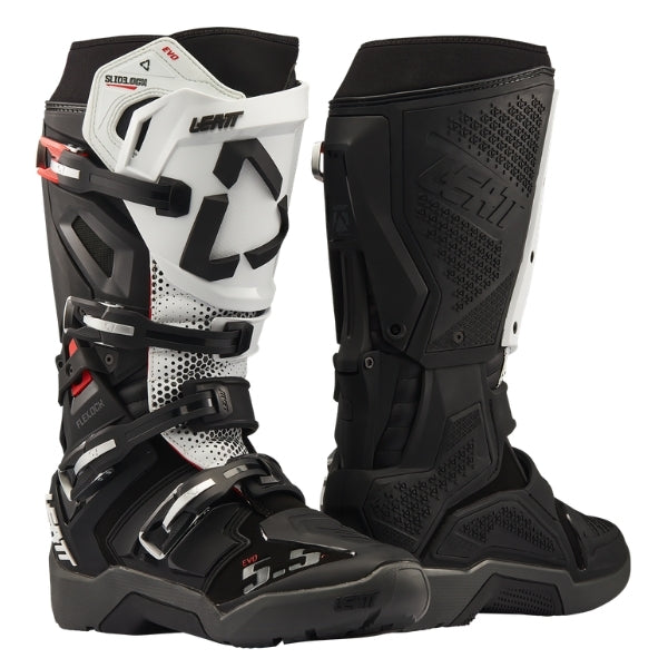 Leatt Moto 5.5 FlexLock Enduro Evo boots in Black/White, pair showing the outer and inner side construction