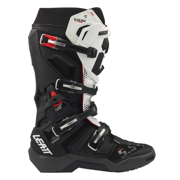 Leatt Moto 5.5 FlexLock Enduro Evo boots in Black/White, outer-side profile showing the buckles, shin plate, and toe area